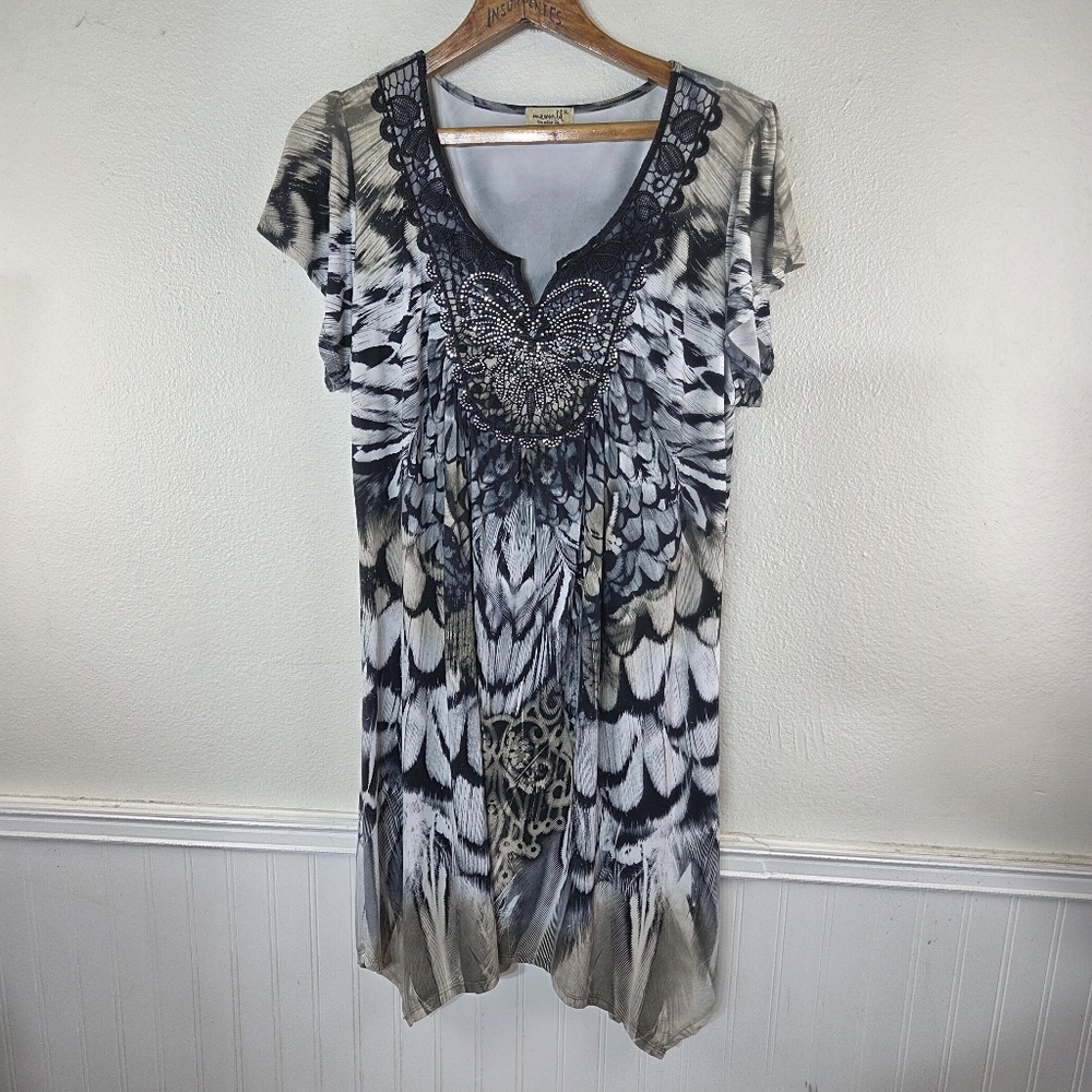 Women's One World Boho Black White Feather Owl Beaded Lace Short Dress Size XL - Picture 2 of 13